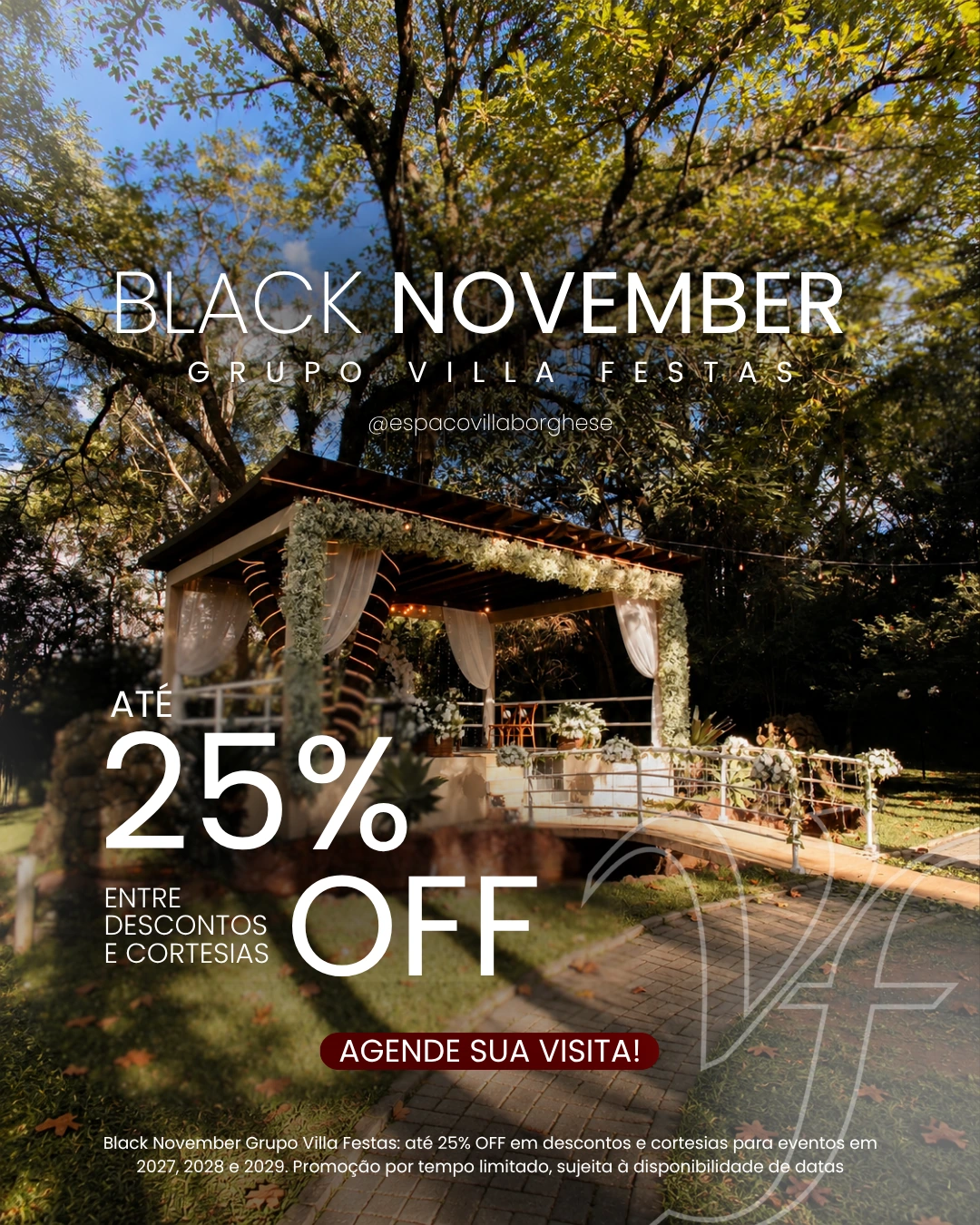 Arte oficial Black November Grupo Villa Festas: até 25% entre descontos e cortesias para eventos em 2027, 2028 e 2029
